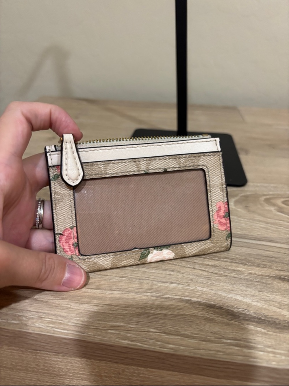 Coach Beige Floral Signature Zip Card Case with Pink Accents - Picture 3 of 6
